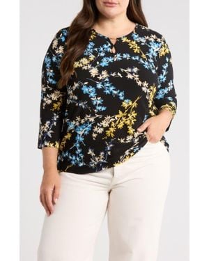 Jones New York Print Keyhole Three-Quarter Sleeve Crepe Top - Black