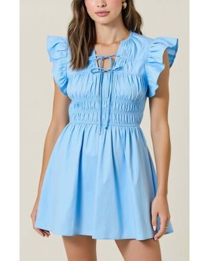 Modenaire Smocked Mini Dress With Ruffle Sleeves And Front Tie Detail - Blue