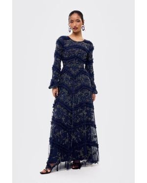 MARYISA Modest Embellished Sequins Ruffle Maxi Dress - Blue