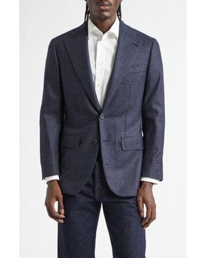 Thom Sweeney Structured Single Breasted Plaid Wool & Silk Sport Coat - Blue