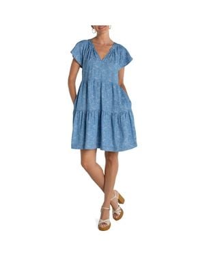 Liverpool Los Angeles Tiered Floral Flutter Sleeve Denim Dress - Blue