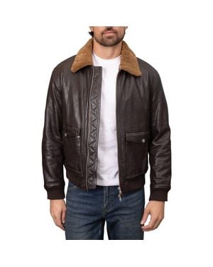 Bagatelle Washed Leather Aviator Jacket With Genuine Shearling Collar - Black