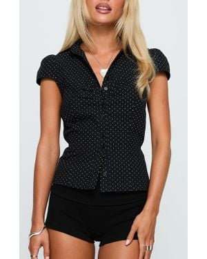 Princess Polly Arianwyn Polka Dot Cap Sleeve Cotton Button-Up Shirt - Black