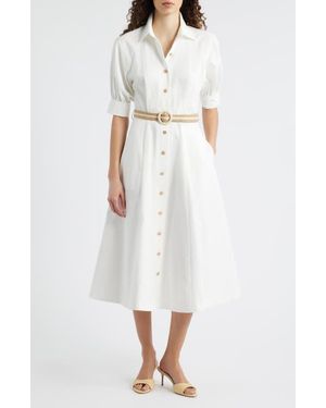 FREEMARKET Puff Sleeve Belted Cotton Midi Shirtdress - White