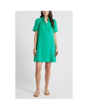 Caslon Ruffle Embroidered Inset Cotton Shift Dress - Green