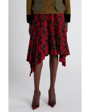 McQueen Macqueen Tartan Pleated Raw Edge Midi Skirt - Red