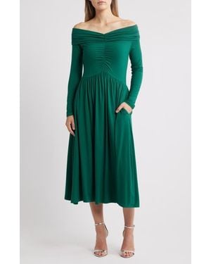 NIKKI LUND Olia Off The Shoulder Long Sleeve Dress - Green