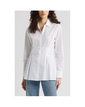Nordstrom Pleat Waist Cotton Poplin Button-Up Shirt - White