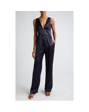 Eleventy Plunge Neck Silk Charmeuse Jumpsuit - Blue