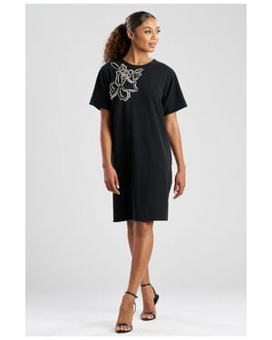 Natori Solid Knit Crepe Short Sleeve Shift Dress With Embellishment - Black