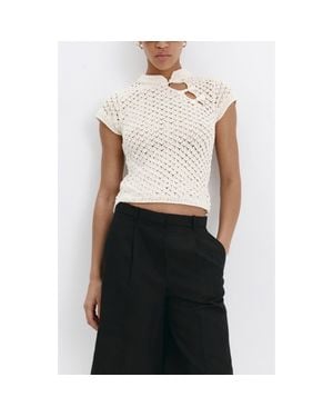 Mango Openwork Knit Toggle Sweater - White