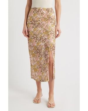 City Blues Ruched Floral Midi Skirt - Natural
