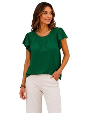 Zilpu Lightweight Pleated Flutter Sleeve Chiffon Blouse - Green