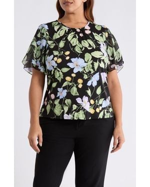 Kasper Contrast Flutter Sleeve Top - Black