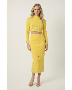 Modenaire Embellished Crop Top And Midi Skirt Set - Yellow