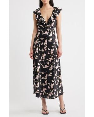 Lulus Carter Floral Ruffle Neck Maxi Dress - Black
