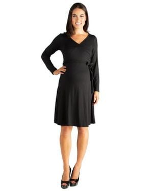 24seven Comfort Apparel Chic V-Neck Long Sleeve Belted Maternity Dress - Black