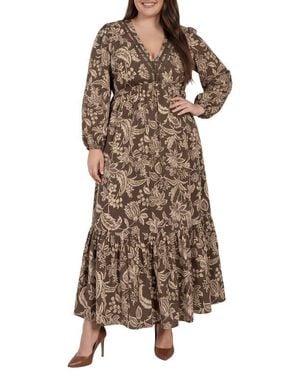 Standards & Practices Floral Long Sleeve Maxi Dress - Brown