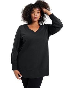 June + Vie V Neck French Terry Sweatshirt - Black