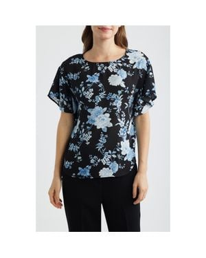 Anne Klein Floral Flutter Sleeve T-Shirt - Blue