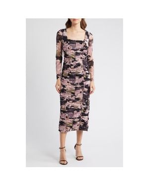 Anne Klein Floral Long Sleeve Ruched Midi Dress - Red
