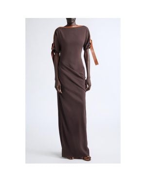 Ferragamo Leather Trim Jersey Maxi Dress - Brown