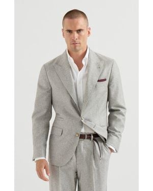 Brunello Cucinelli Silk And Cashmere Cavalry Tweed Deconstructed Blazer With Large Peak Lapels - Gray