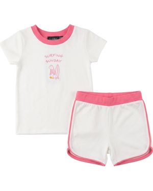 Puddles Girl Surfing Sunday Penguin Ribbed Neck Top & Piped Shorts Set - Pink