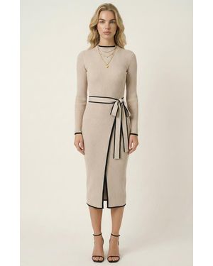 Modenaire Ribbed Knit Contrast Trim Tie Waist Midi Dress - Natural