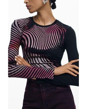 Desigual Printed Rib Long Sleeve Top - Blue