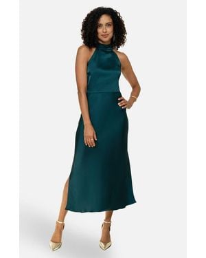 Yumi' Satin Halter Neck Midi Dress - Blue