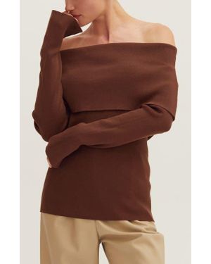 Crescent Foldover Off Shoulder Knit Top - Brown