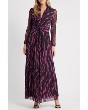 Anne Klein Abstract Print Twist Front Long Sleeve Mesh Maxi Dress - Purple