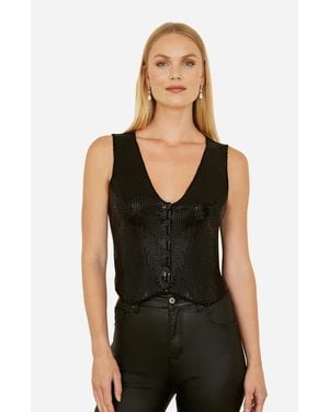 Yumi' Sleeveless V-Neck Sequin Waistcoat Top - Black