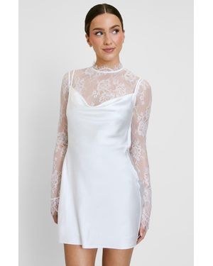 Six Stories Lace Sleeve Cowl Satin Mini Dress - White
