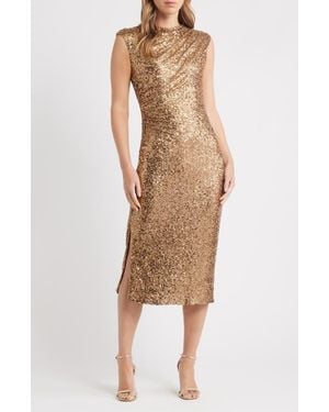 Anne Klein Draped Sleeveless Sequin Sheath Midi Dress - Natural