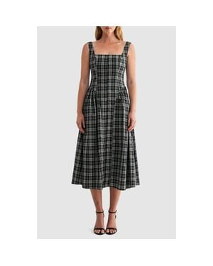 Mila + Mate Plaid Square Neck Fit And Flare Midi Dress - Black