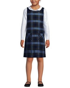 Lands' End Girls Plaid Button Shoulder Patch Pocket Sweater - Blue