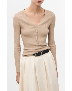 Mango V-Neck Ribbed Henley Sweater - Natural