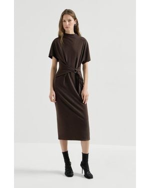 Brunello Cucinelli Techno Wool Jersey Wrap Belt Dress With Monili - Black