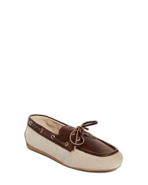 フラットシューズ MIU MIIU 5D376E_3LQM_F0J51 CANVAS+BLEACHED LEATHER SHOEES Beige/brown Canvas And Bleached Leather Boat Shoes | Miu Miu