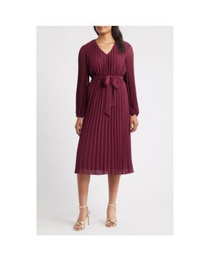 Sam Edelman Pleated Long Sleeve Chiffon Midi Dress - Red
