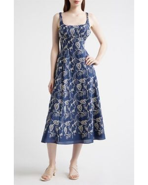 Julia Jordan Embroidered Cotton Fit & Flare Midi Dress - Blue