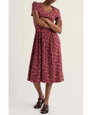 Seasalt Cornwall Pier View Floral Flare Stretch Organic Cotton Dress - Red