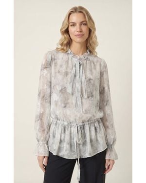 Modenaire Sheer Printed Ruffle Neck Blouse - Natural
