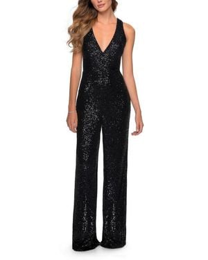 La Femme Long Sequin Jumpsuit With Criss Cross Back - Black