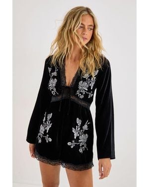 Nasty Gal Velvet Embroidered Lace Trim Romper - Black