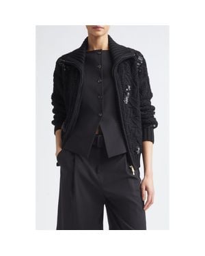 Eleventy Sequin Embellished Cable Stitch Wool Zip Cardigan - Black