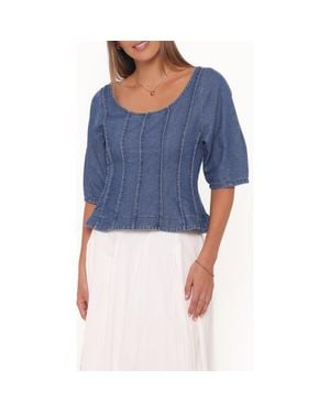 Petal & Pup Saylor Puff Sleeve Seamed Peplum Denim Top - Blue