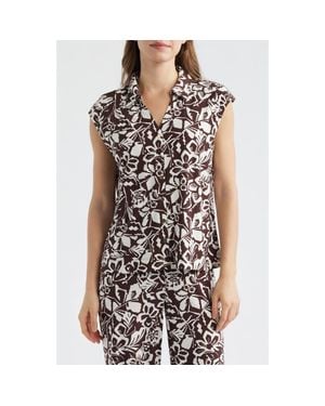 Anne Klein Floral Print Cap Sleeve Shirt - Black